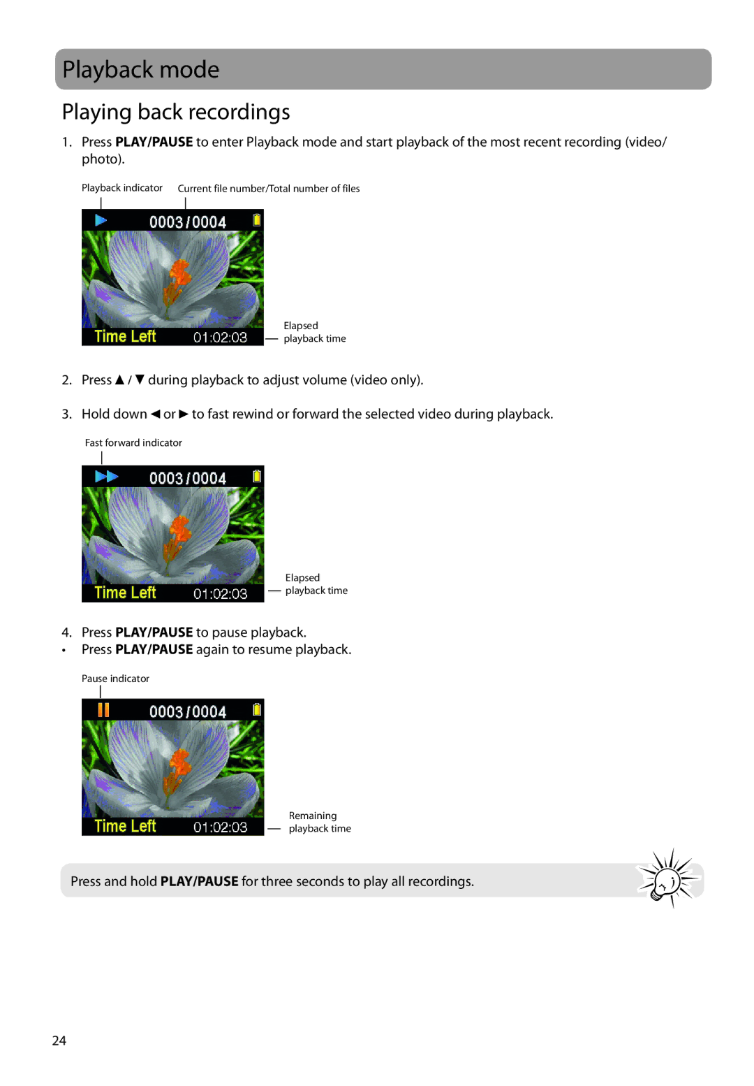 RCA EZ5100, EZ5000 user manual Playback mode, Playing back recordings 