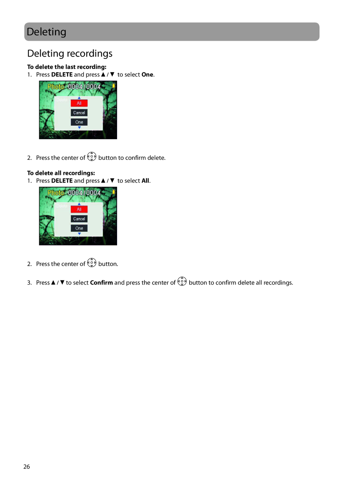 RCA EZ5100, EZ5000 user manual Deleting recordings, To delete the last recording, To delete all recordings 