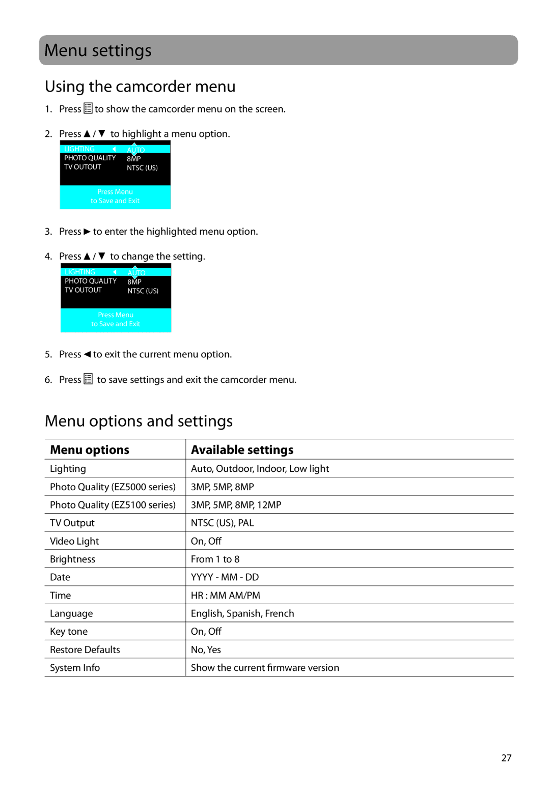 RCA EZ5000, EZ5100 user manual Menu settings, Using the camcorder menu, Menu options and settings 