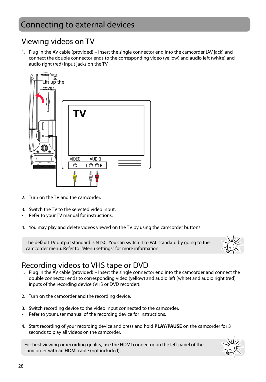 RCA EZ5100, EZ5000 user manual Connecting to external devices, Viewing videos on TV, Recording videos to VHS tape or DVD 