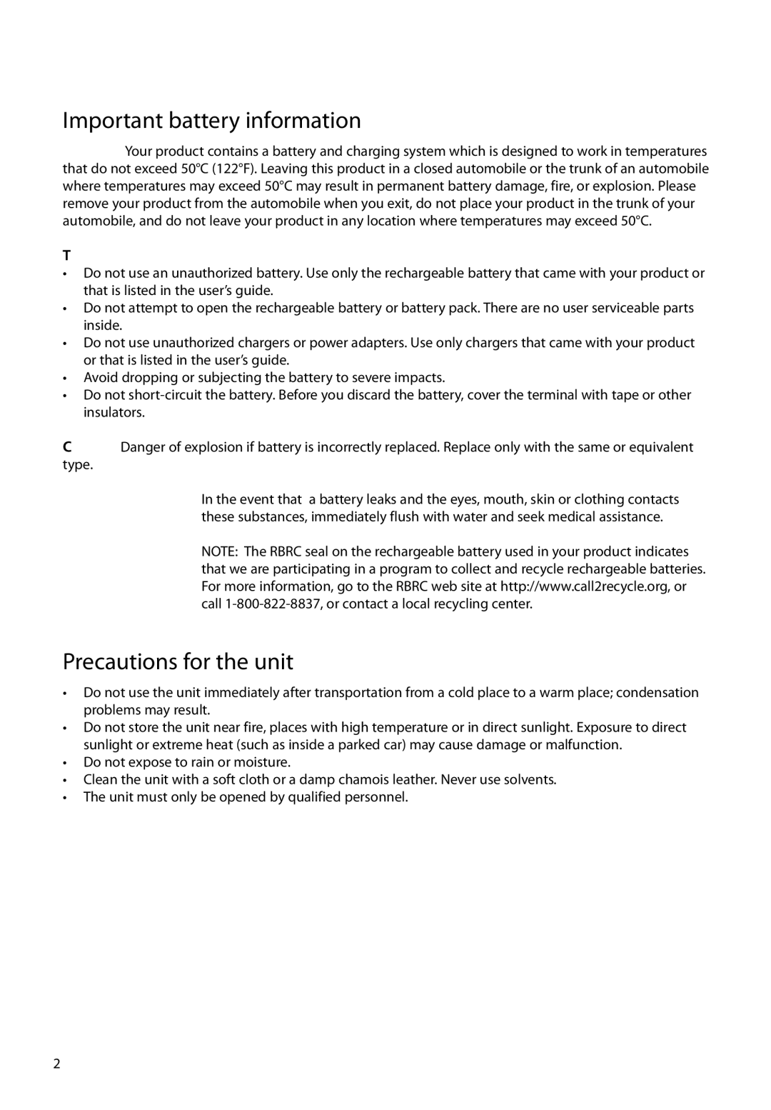 RCA EZ5100, EZ5000 user manual Important battery information, Precautions for the unit 