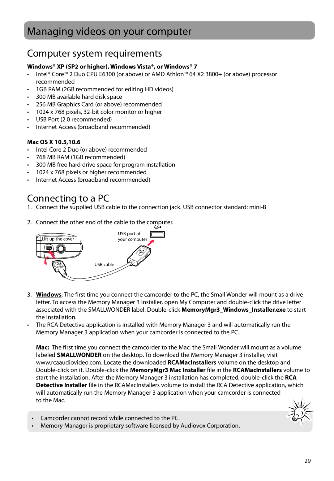 RCA EZ5000, EZ5100 Managing videos on your computer, Computer system requirements, Connecting to a PC, Mac OS X 10.5,10.6 