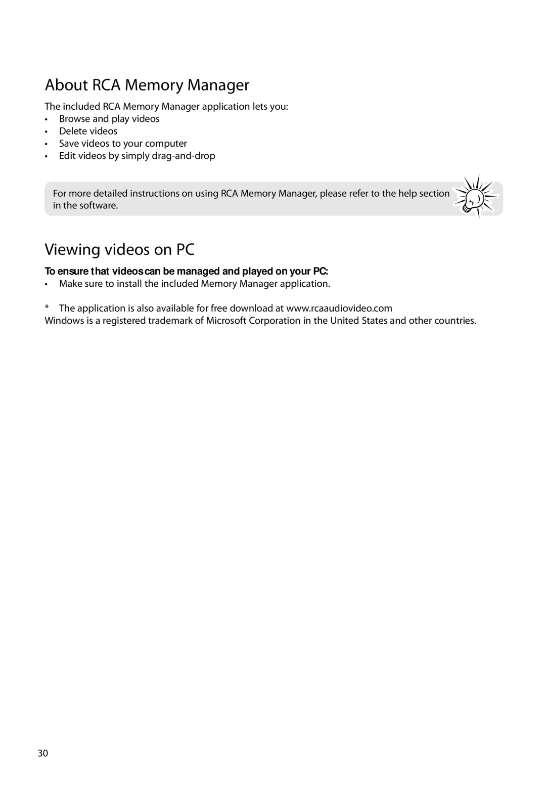RCA EZ5100 About RCA Memory Manager, Viewing videos on PC, To ensure that videos can be managed and played on your PC 