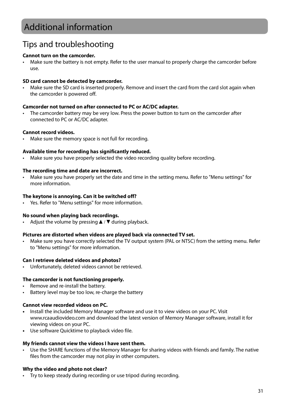 RCA EZ5000, EZ5100 user manual Additional information, Tips and troubleshooting 