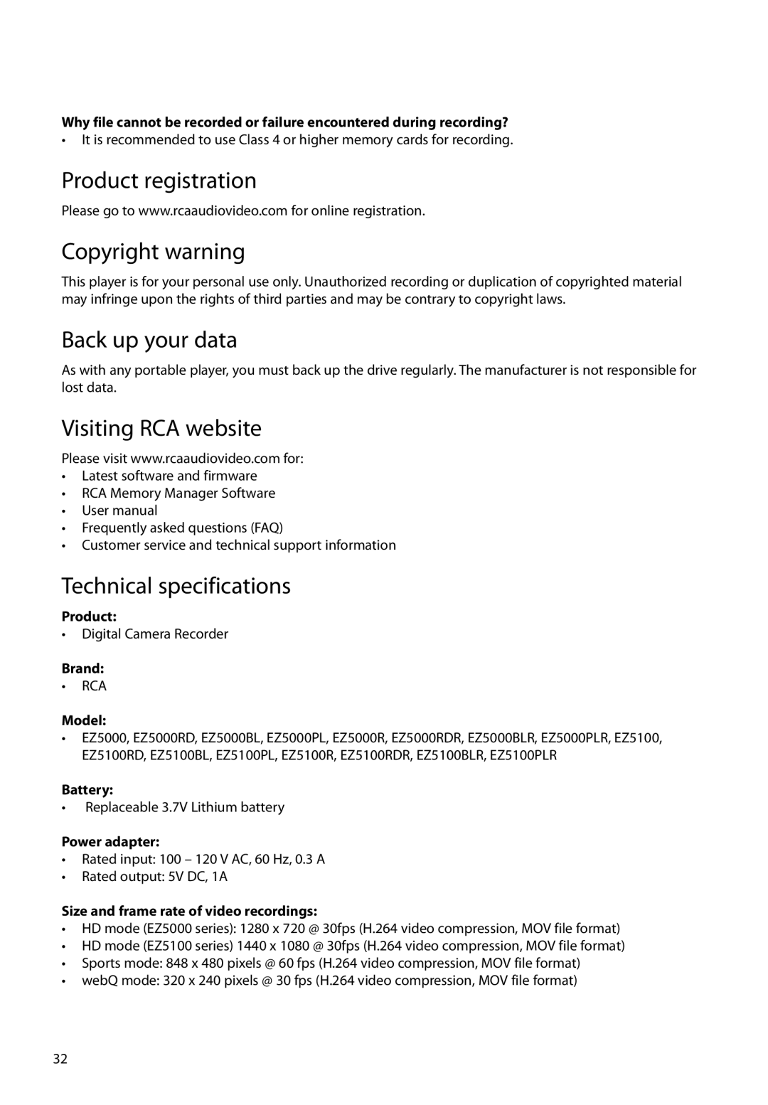 RCA EZ5100 Product registration Copyright warning, Back up your data, Visiting RCA website, Technical specifications 