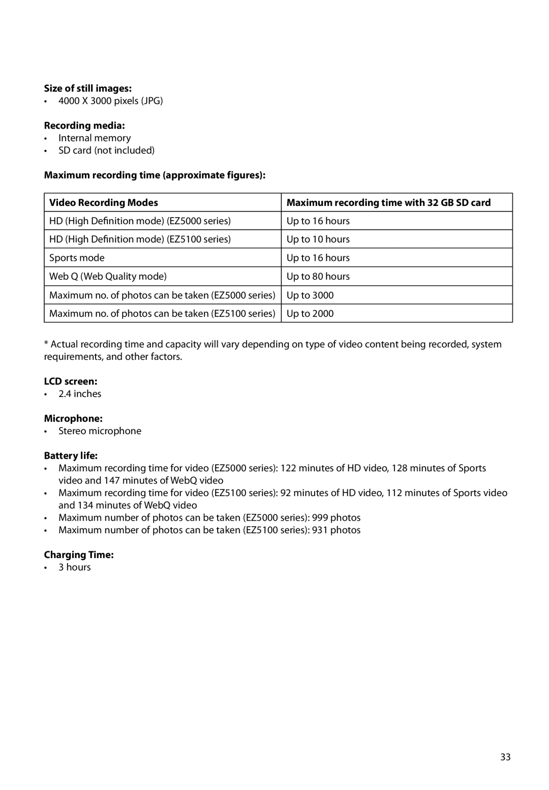 RCA EZ5000, EZ5100 user manual Size of still images, Recording media, LCD screen, Microphone, Battery life, Charging Time 