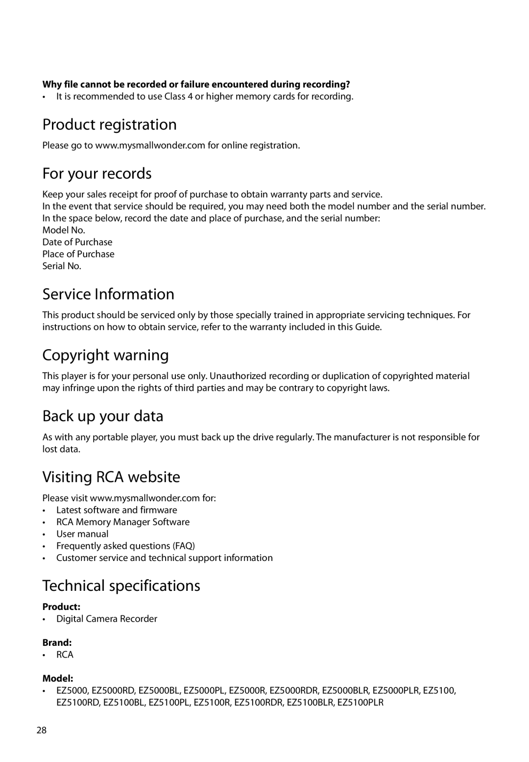 RCA EZ5000 user manual Product registration For your records, Service Information, Copyright warning, Back up your data 