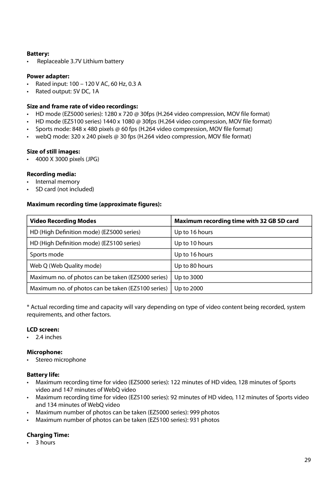 RCA EZ5000 Battery, Power adapter, Size and frame rate of video recordings, Size of still images, Recording media 
