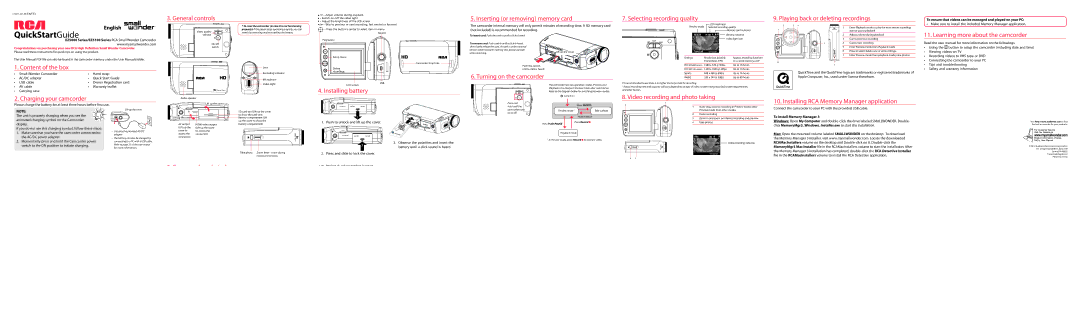 RCA EZ5100 quick start General controls, Inserting or removing memory card, Playing back or deleting recordings 