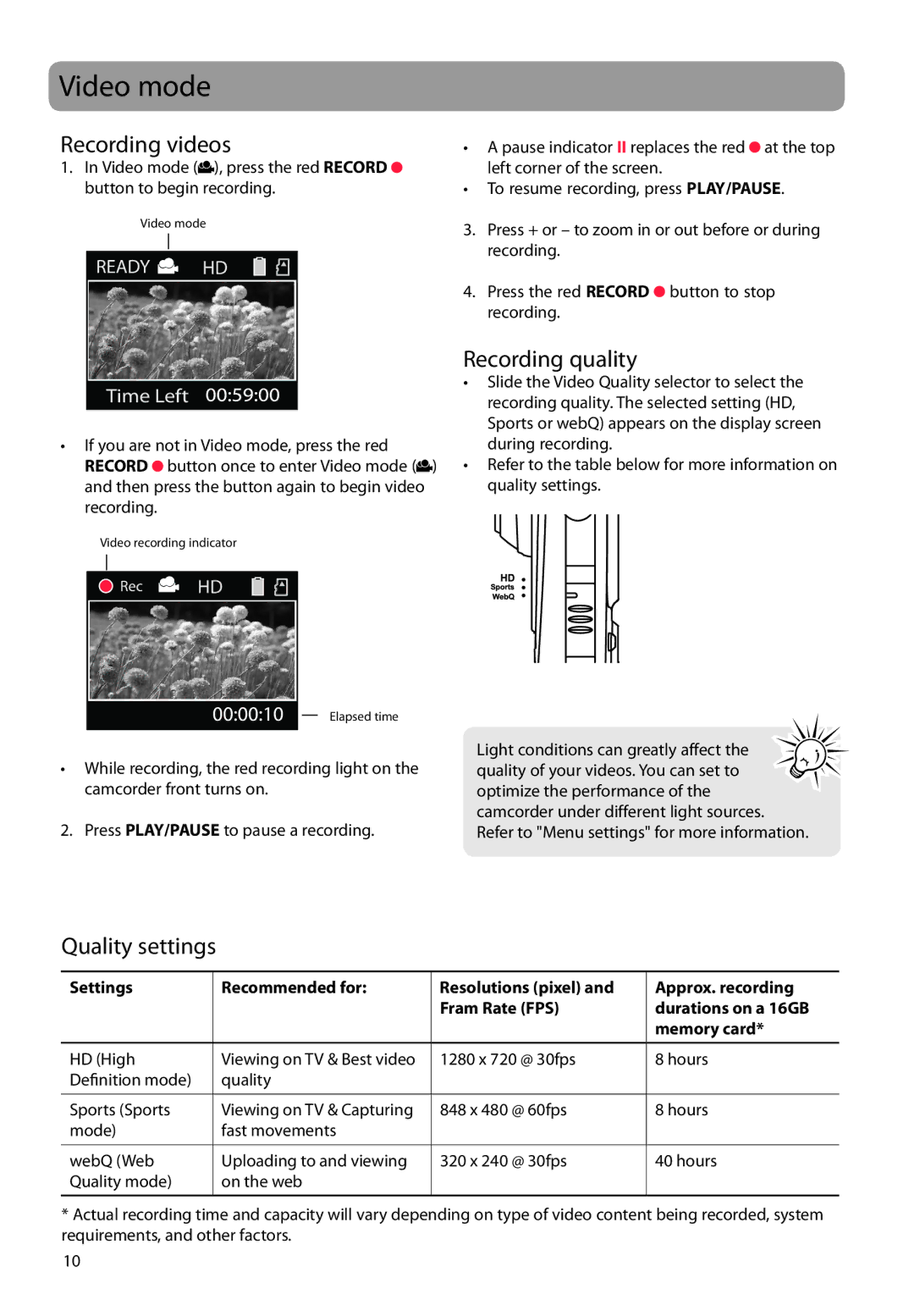 RCA EZ229HD, EZC209HD, EZ209HD user manual Video mode, Recording videos, Recording quality, Quality settings 