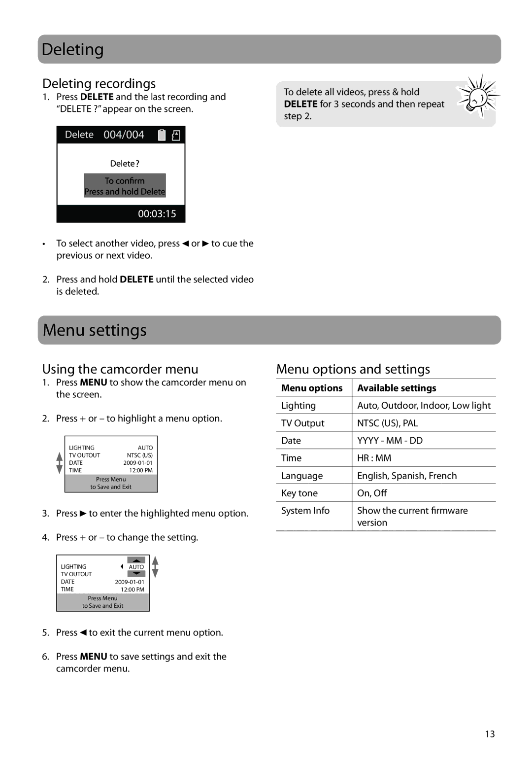 RCA EZ229HD, EZC209HD, EZ209HD Menu settings, Deleting recordings, Using the camcorder menu, Menu options and settings 