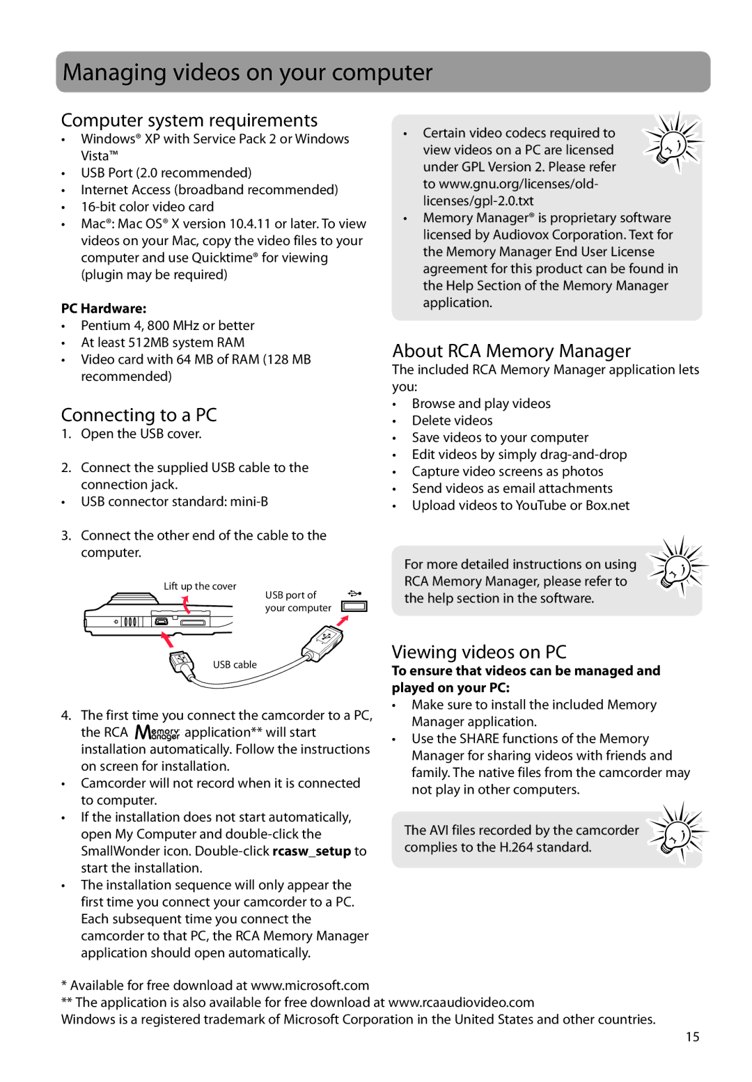 RCA EZC209HD Managing videos on your computer, Computer system requirements, Connecting to a PC, About RCA Memory Manager 