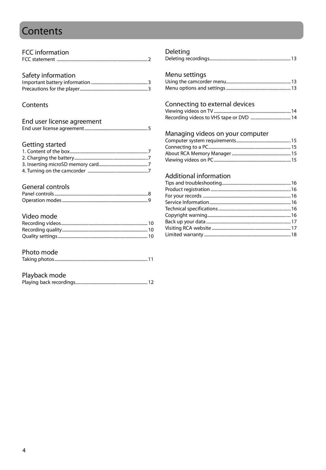 RCA EZ229HD, EZC209HD, EZ209HD user manual Contents 