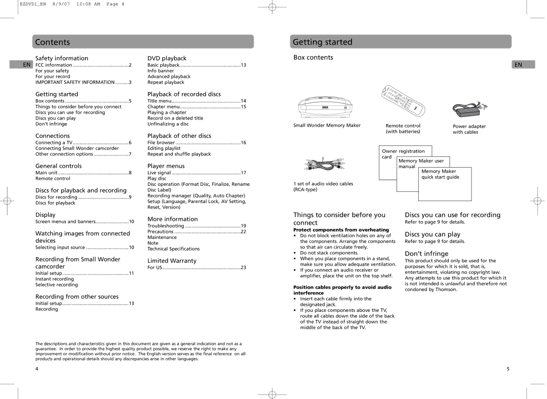 RCA EZDVD2, EZDVD1 user manual Contents, Getting started 