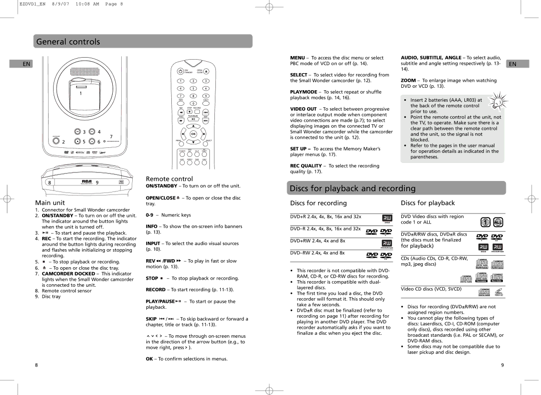 RCA EZDVD2, EZDVD1 user manual General controls, Discs for playback and recording 