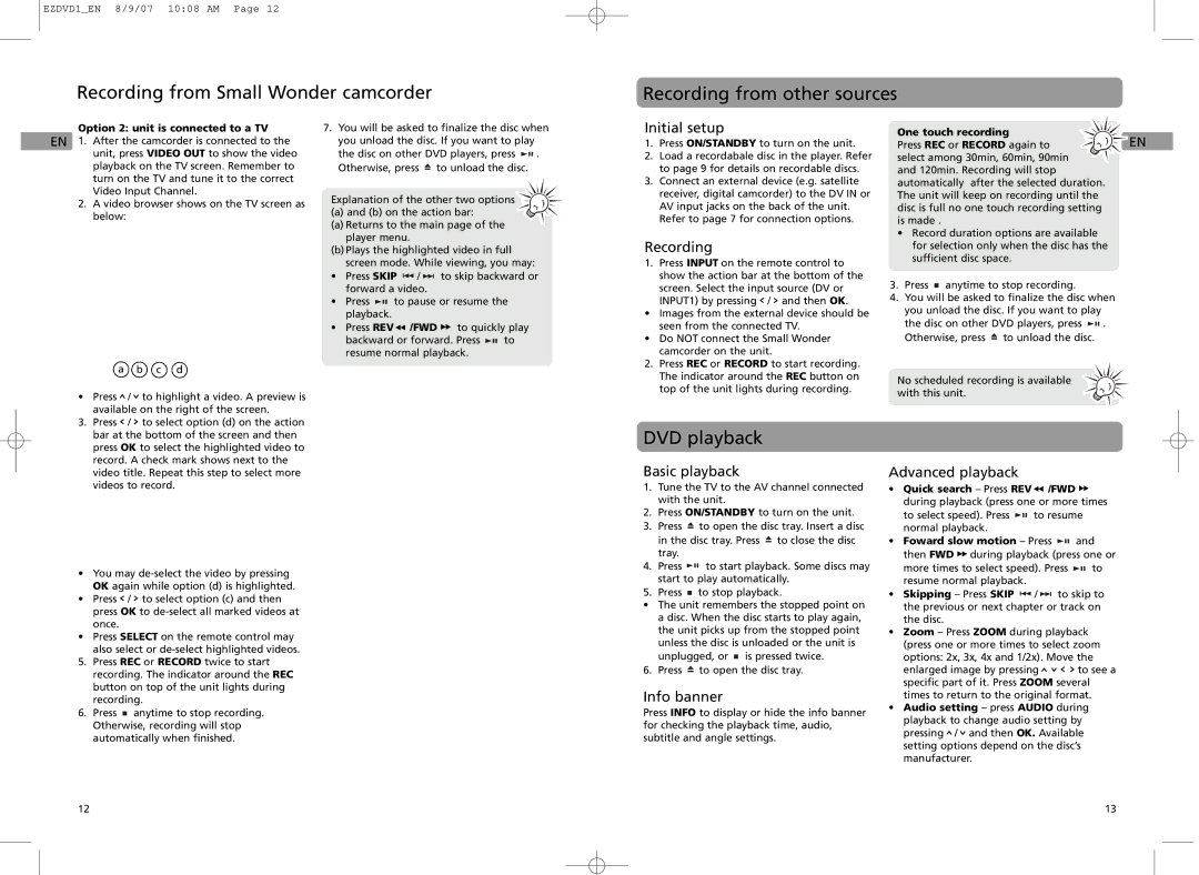 RCA EZDVD2, EZDVD1 user manual DVD playback, Recording, Basic playback, Info banner, Advanced playback 