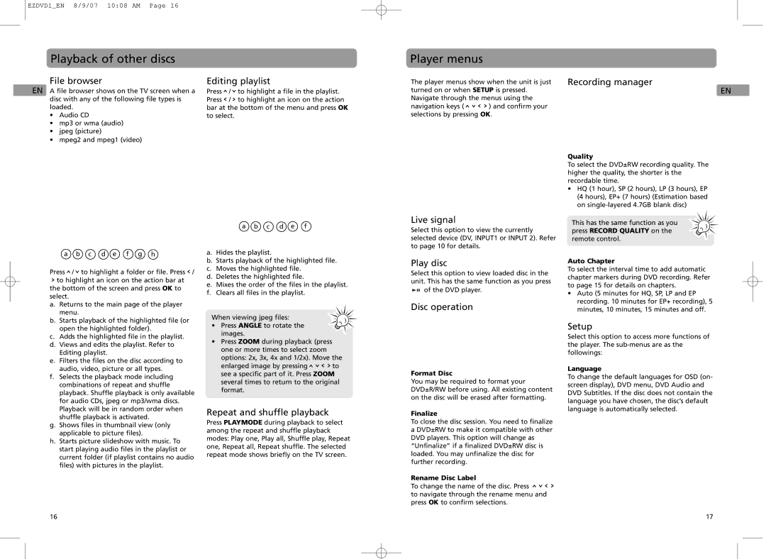 RCA EZDVD2, EZDVD1 user manual Playback of other discs, Player menus 