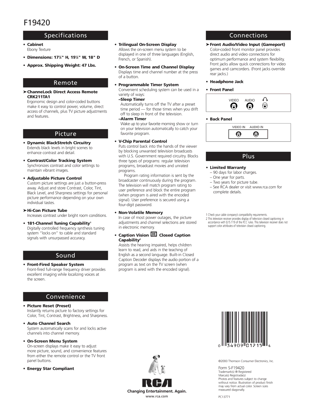 RCA F19420 manual Specifications, Remote, Picture, Sound, Connections, Plus, Convenience 