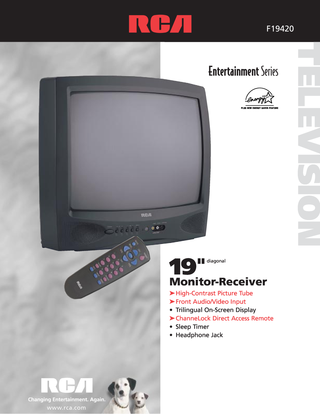 RCA F19420 manual Television, Monitor-Receiver, High-Contrast Picture Tube Front Audio/Video Input, 19diagonal 