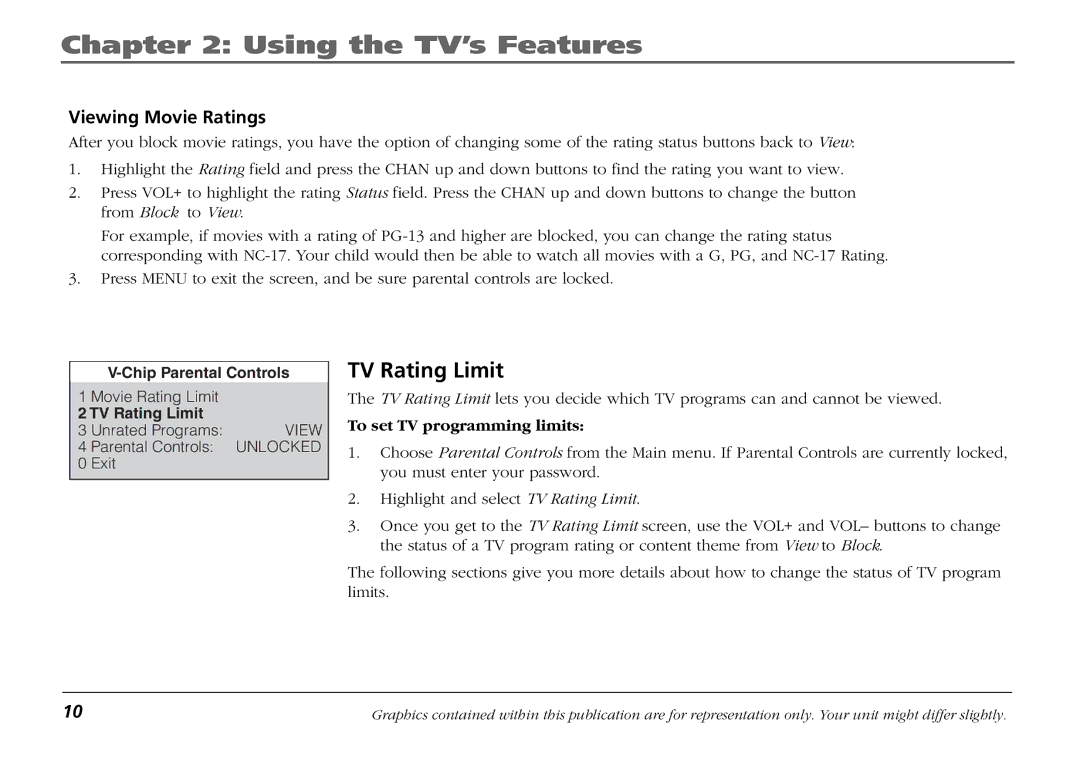 RCA F19421 manual TV Rating Limit, Viewing Movie Ratings, To set TV programming limits 