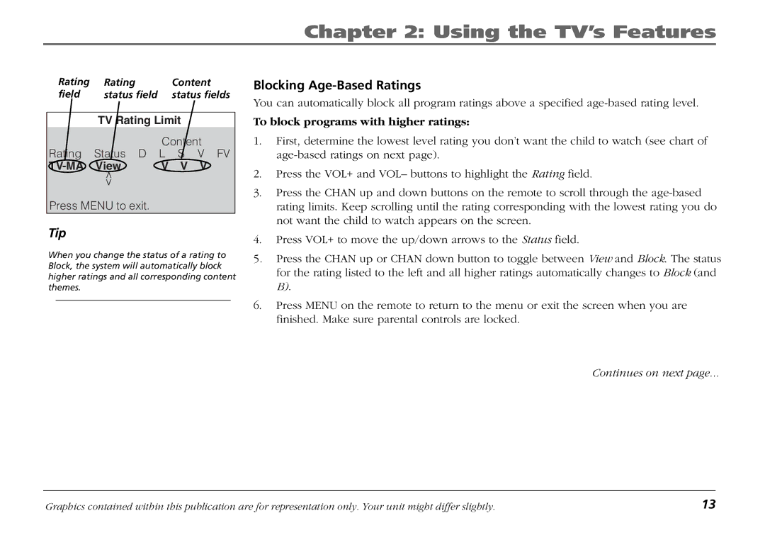 RCA F19421 manual Blocking Age-Based Ratings, To block programs with higher ratings 