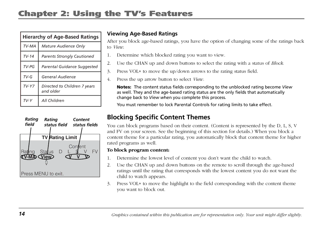 RCA F19421 manual Blocking Specific Content Themes, Hierarchy of Age-Based Ratings, Viewing Age-Based Ratings 