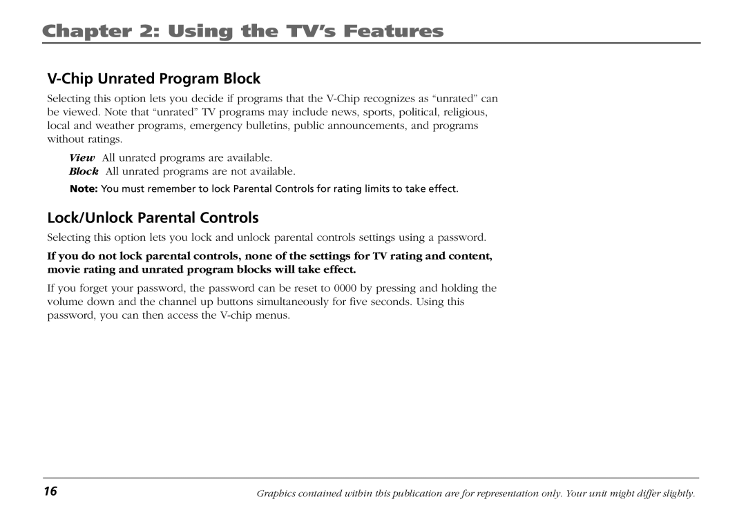 RCA F19421 manual Chip Unrated Program Block, Lock/Unlock Parental Controls 