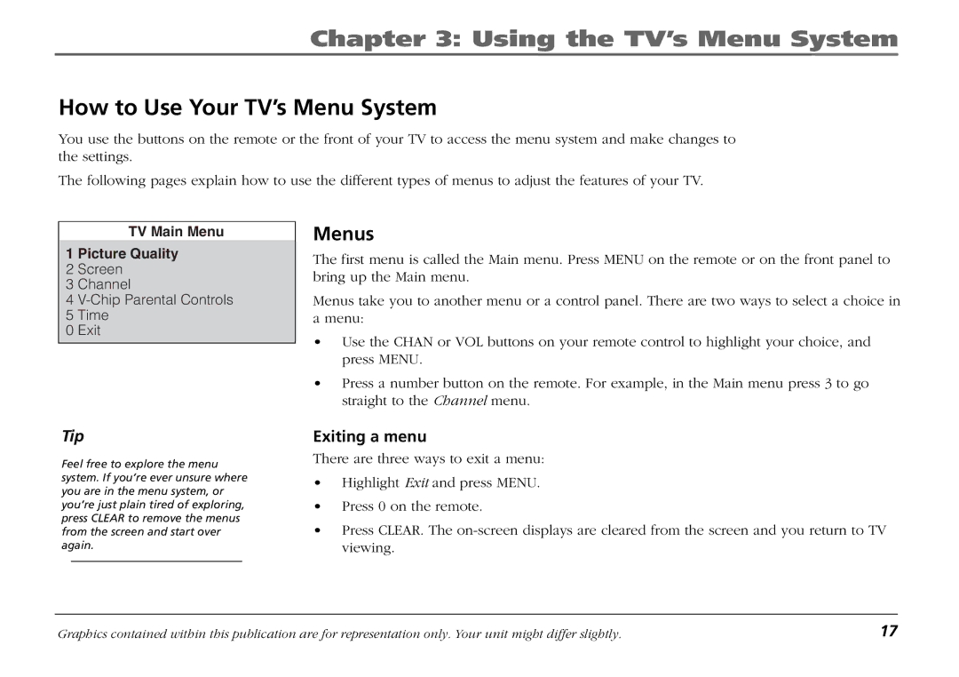 RCA F19421 manual Using the TV’s Menu System, How to Use Your TV’s Menu System, Menus, Exiting a menu 