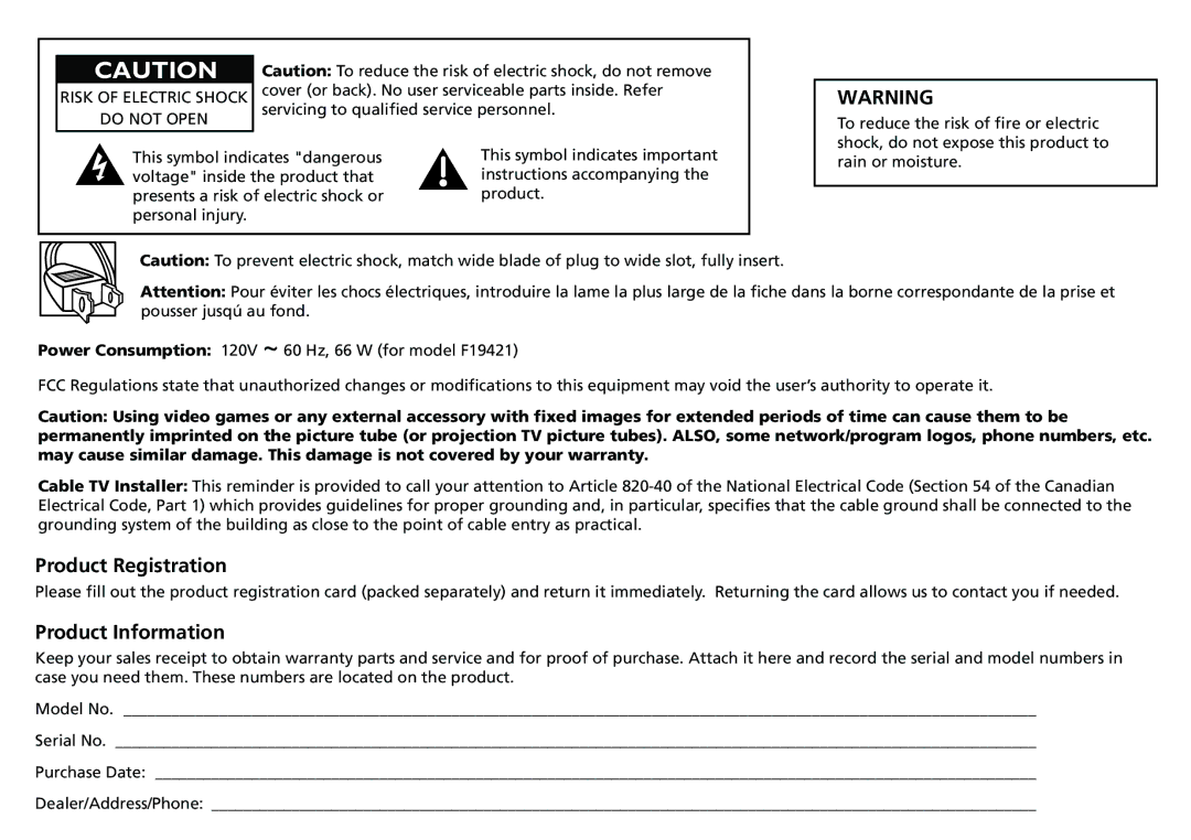 RCA F19421 manual Product Registration, Product Information 