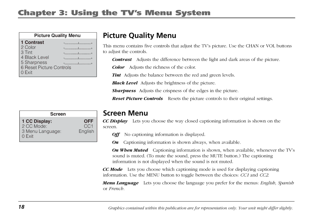 RCA F19421 manual Picture Quality Menu, Screen Menu 