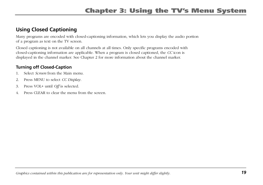 RCA F19421 manual Using Closed Captioning, Turning off Closed-Caption 