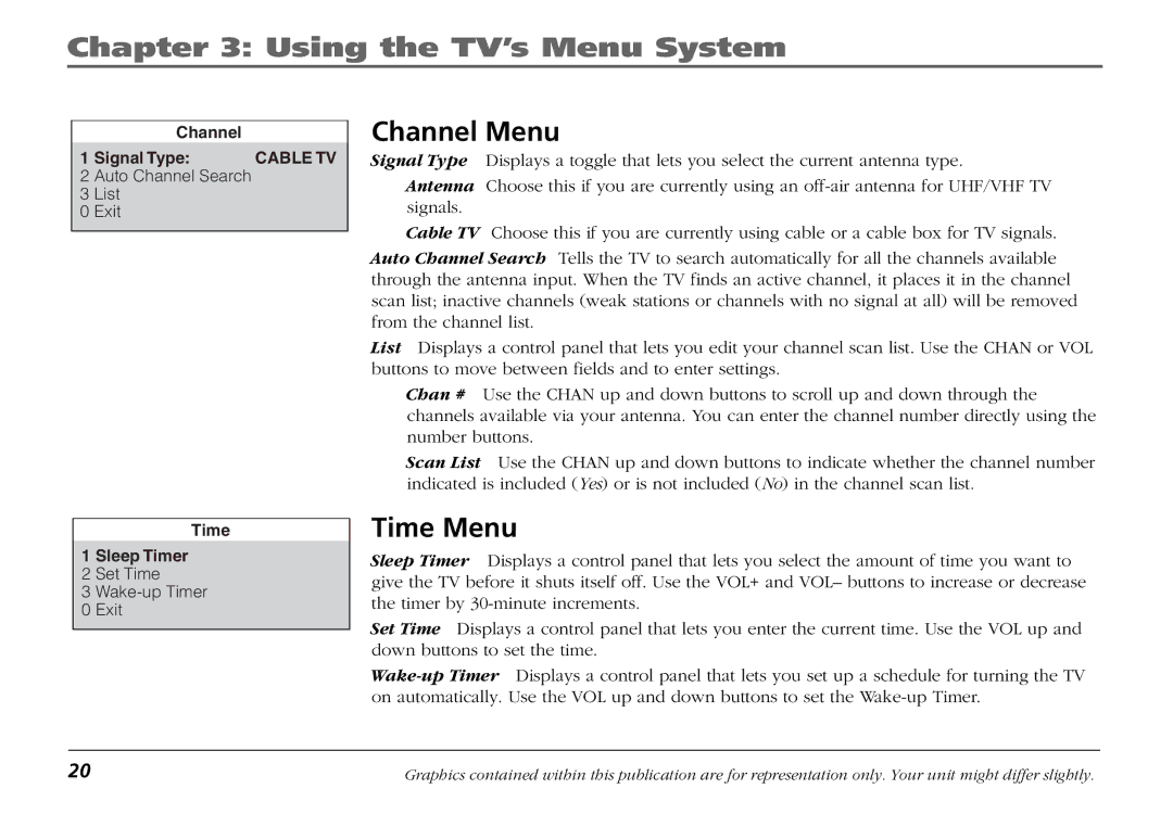 RCA F19421 manual Channel Menu, Time Menu 