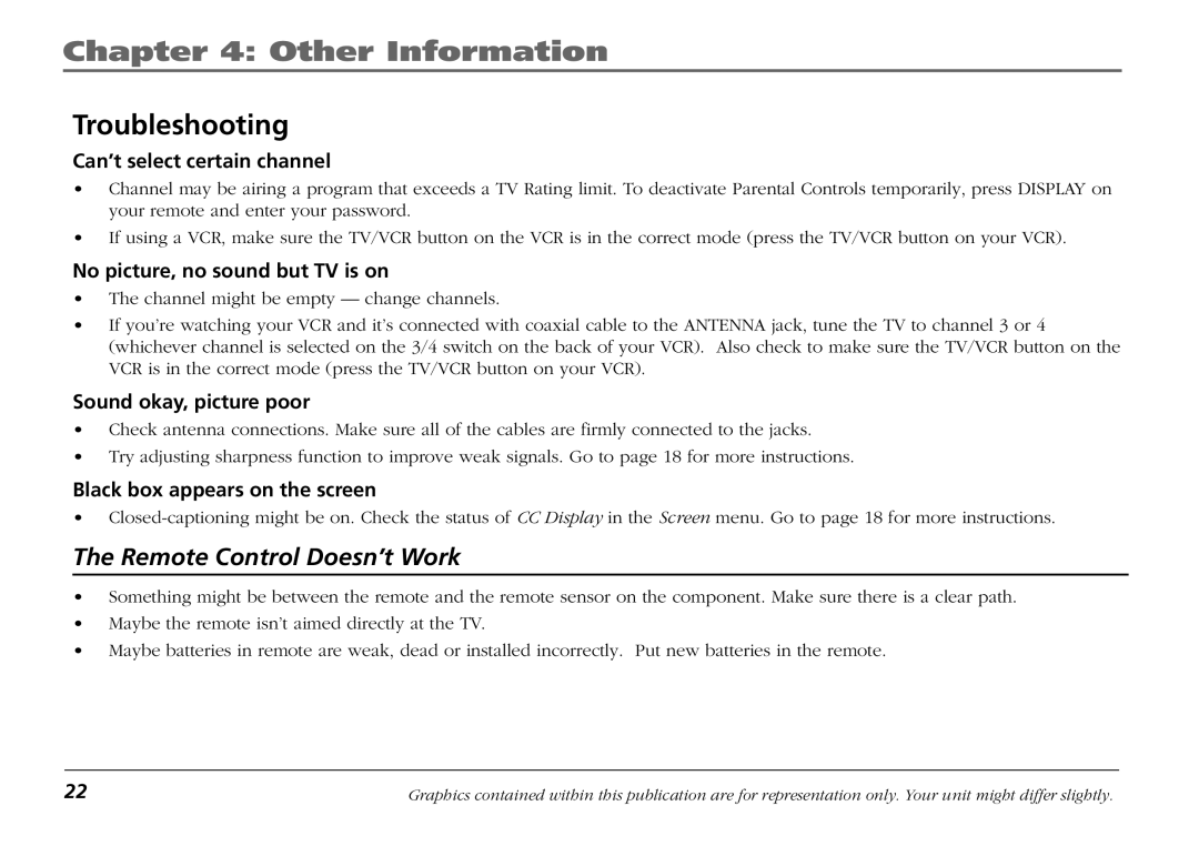 RCA F19421 manual Can’t select certain channel, No picture, no sound but TV is on, Sound okay, picture poor 