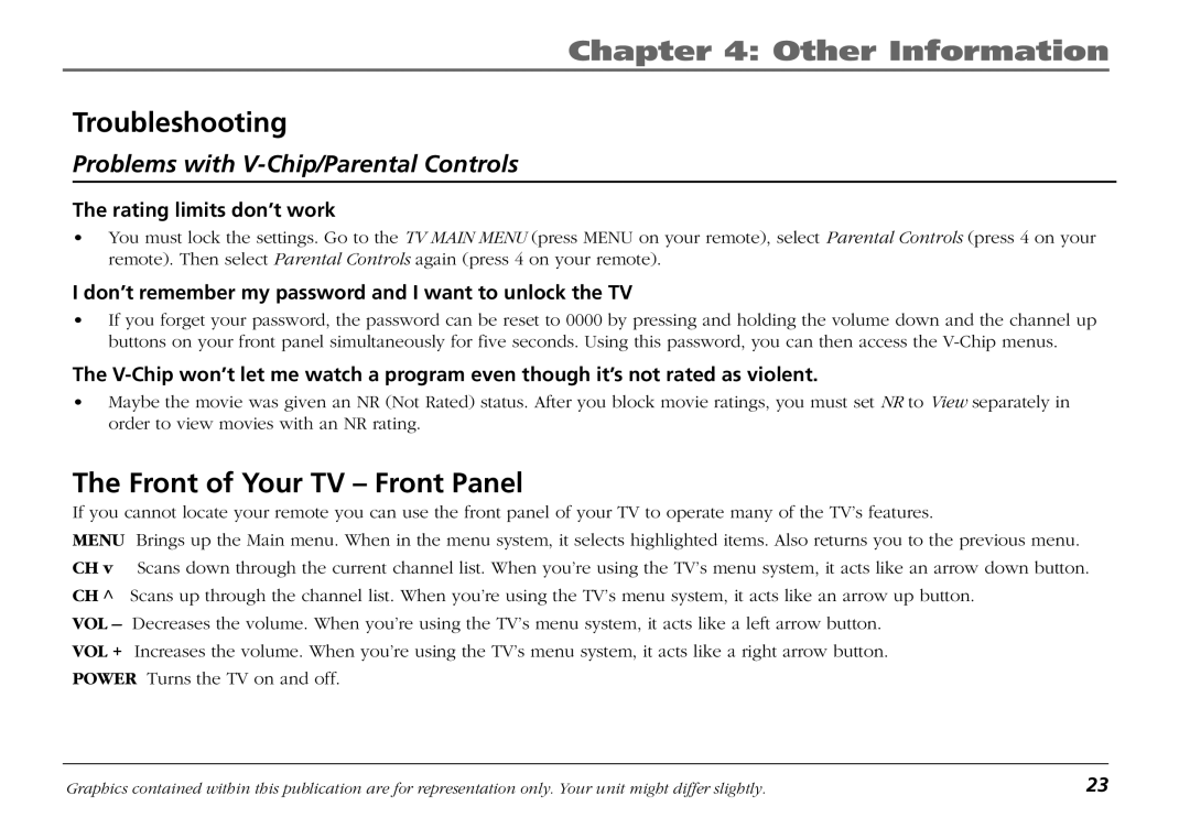 RCA F19421 Front of Your TV Front Panel, Rating limits don’t work, Don’t remember my password and I want to unlock the TV 