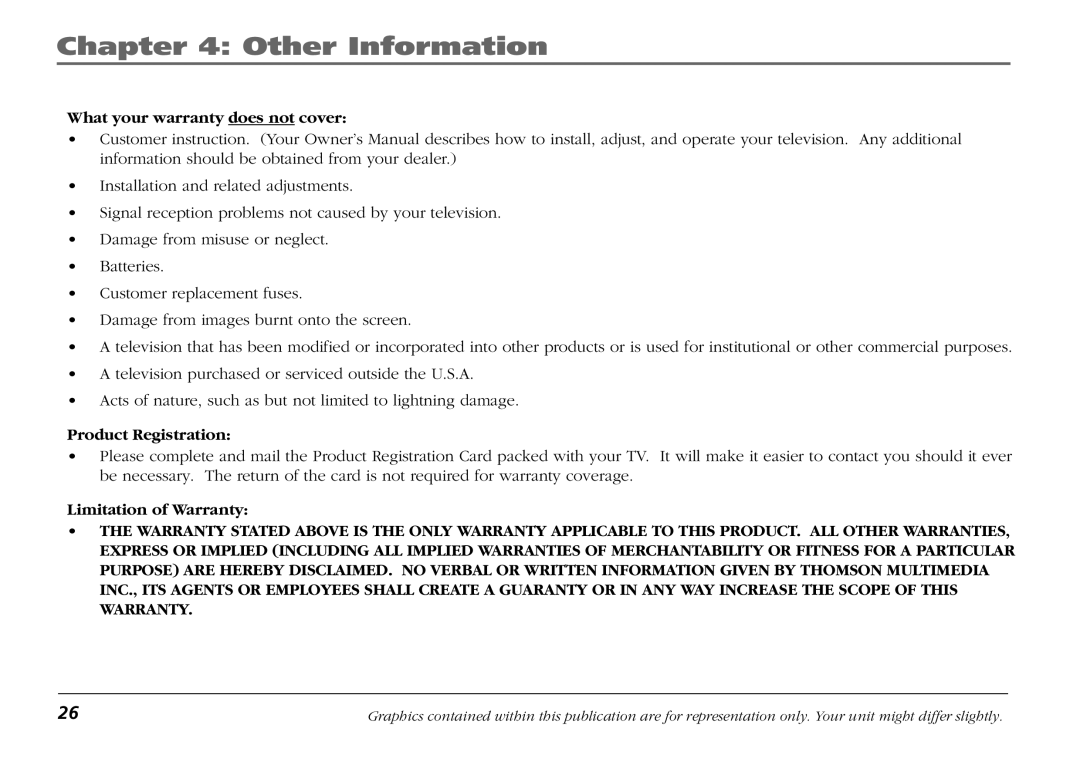 RCA F19421 manual What your warranty does not cover, Product Registration, Limitation of Warranty 