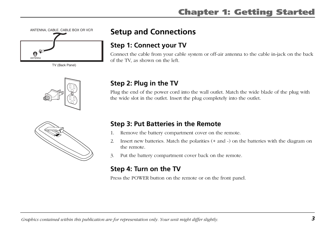 RCA F19421 manual Setup and Connections, Connect your TV, Plug in the TV, Put Batteries in the Remote, Turn on the TV 