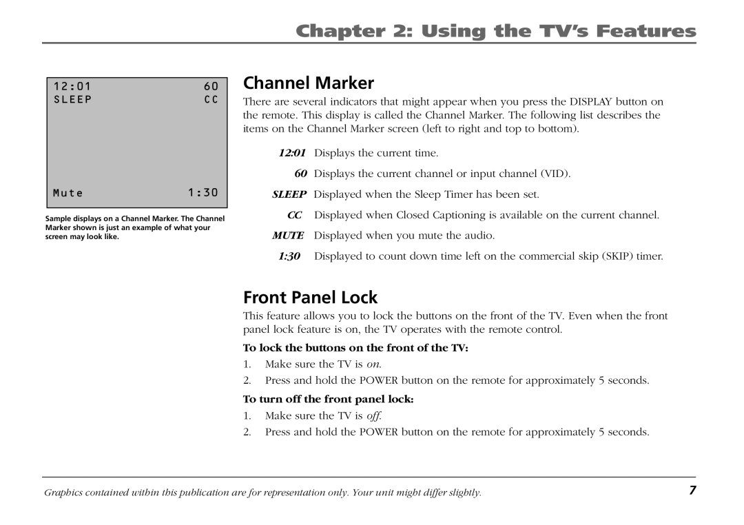 RCA F19421 manual Using the TV’s Features, Channel Marker, Front Panel Lock, To lock the buttons on the front of the TV 