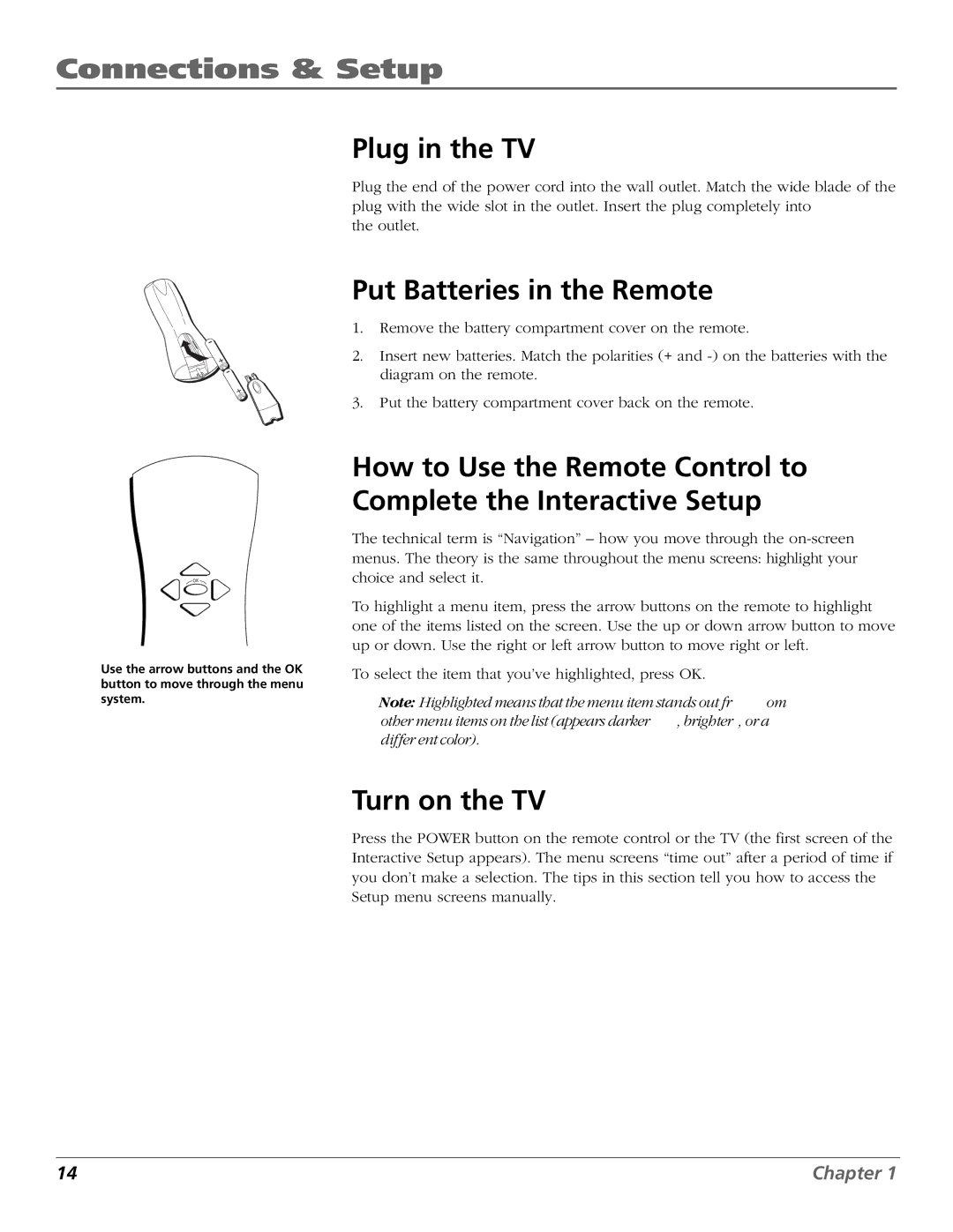 RCA F19422 manual Plug in the TV, Put Batteries in the Remote, Turn on the TV 