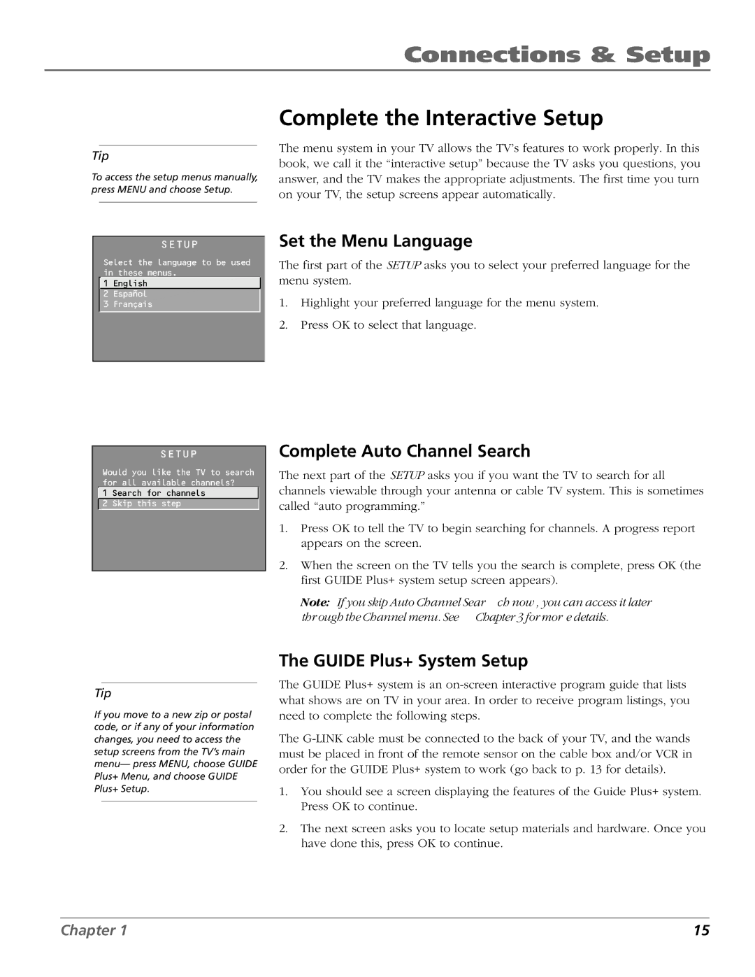 RCA F19422 Complete the Interactive Setup, Set the Menu Language, Complete Auto Channel Search, Guide Plus+ System Setup 