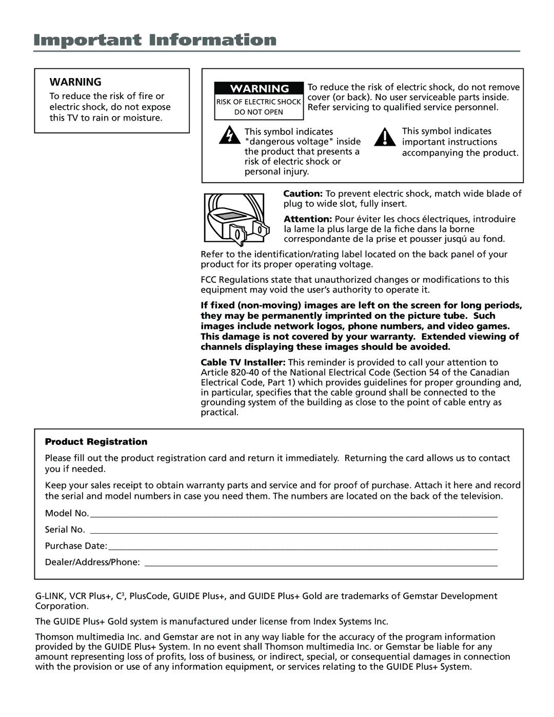 RCA F19422 manual Important Information 