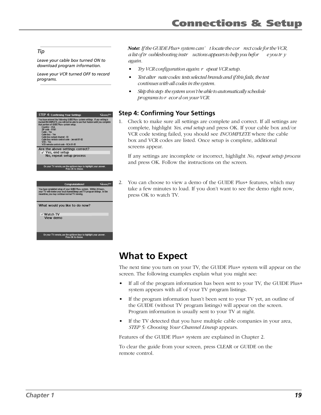 RCA F19422 manual What to Expect, Confirming Your Settings 