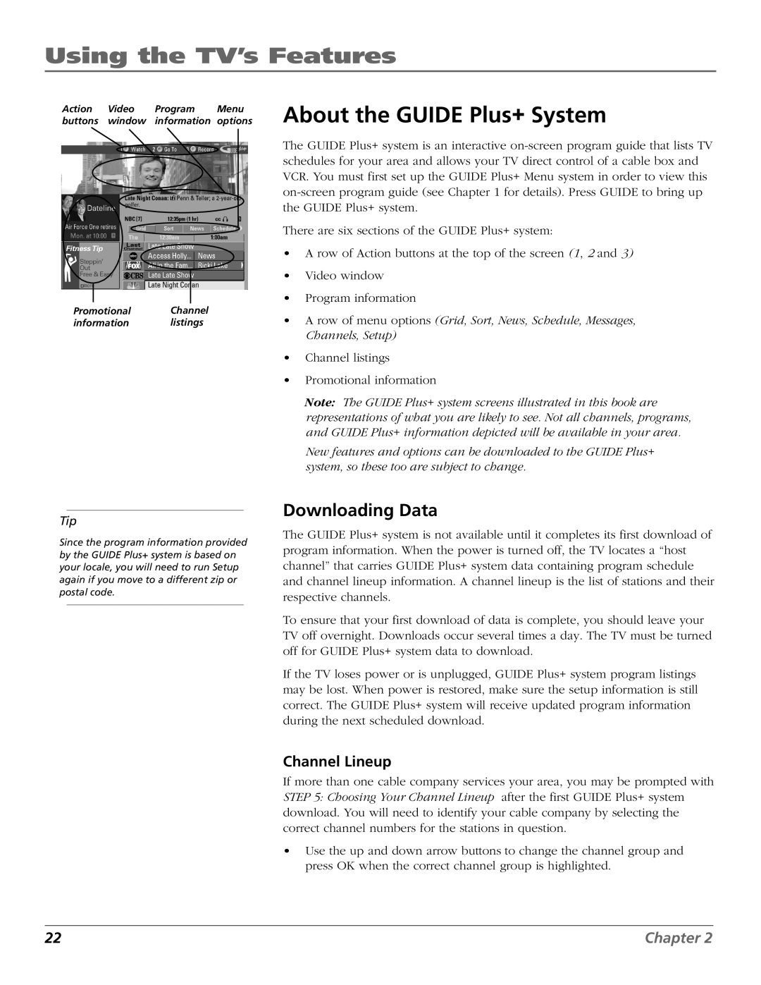 RCA F19422 manual About the Guide Plus+ System, Downloading Data, Channel Lineup 