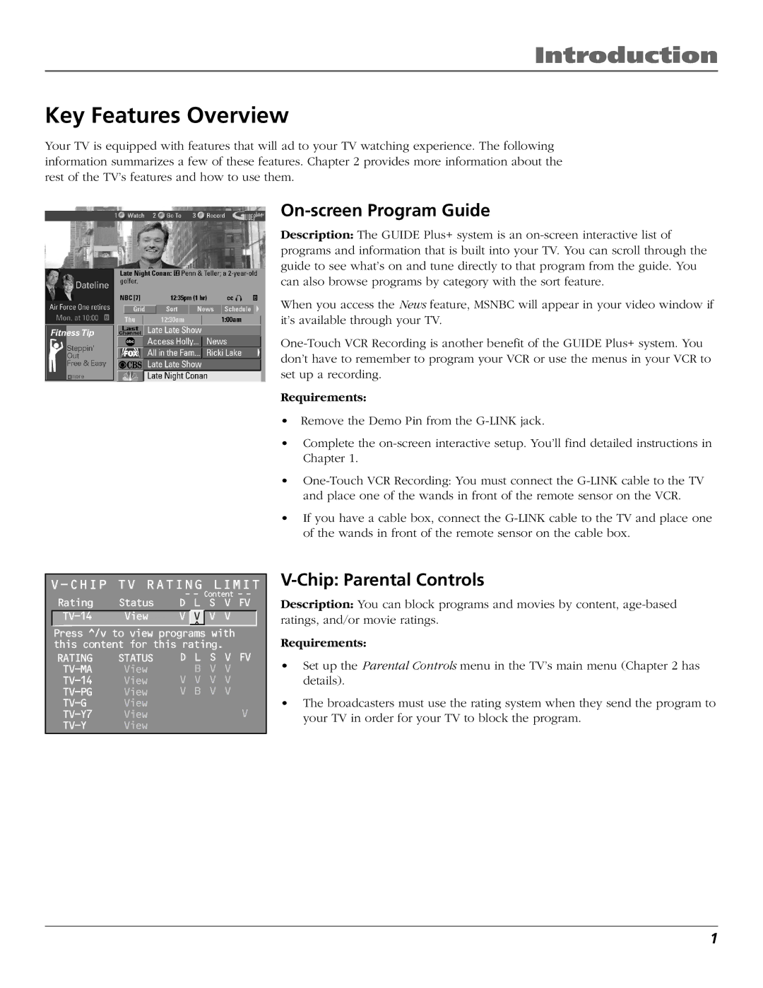 RCA F19422 manual Key Features Overview, On-screen Program Guide, Chip Parental Controls 