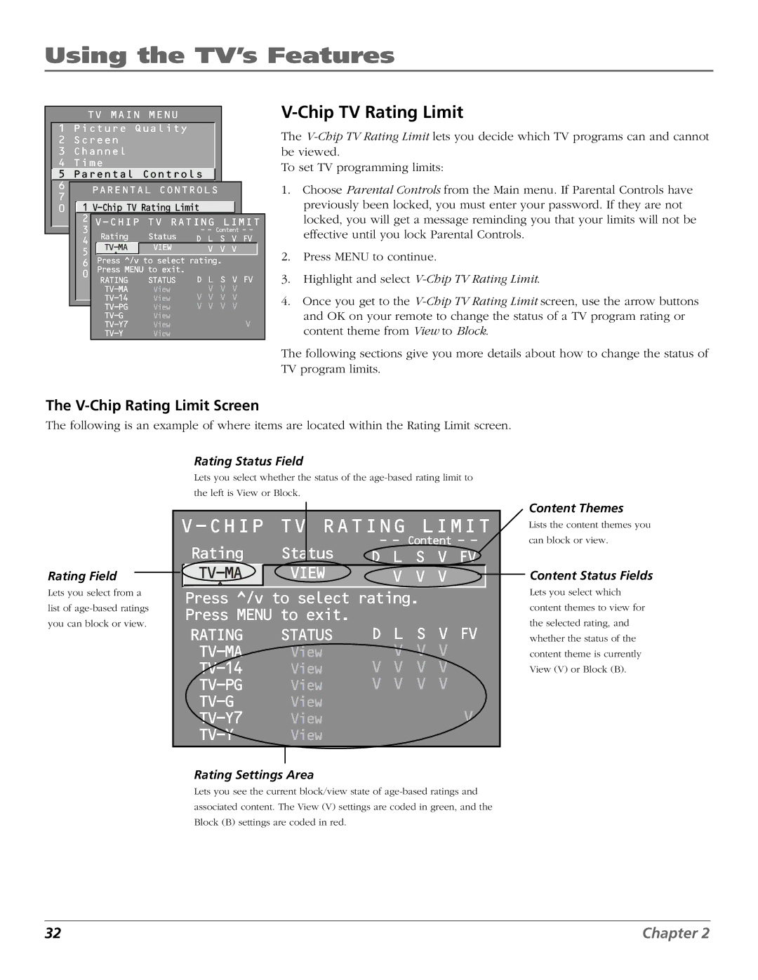 RCA F19422 manual Chip TV Rating Limit, V-Chip Rating Limit Screen 