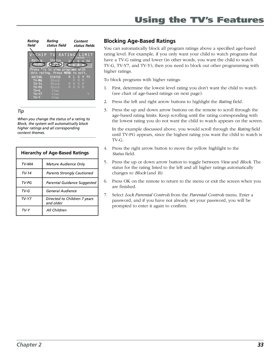 RCA F19422 manual Blocking Age-Based Ratings, Chip TV Rating Limit 