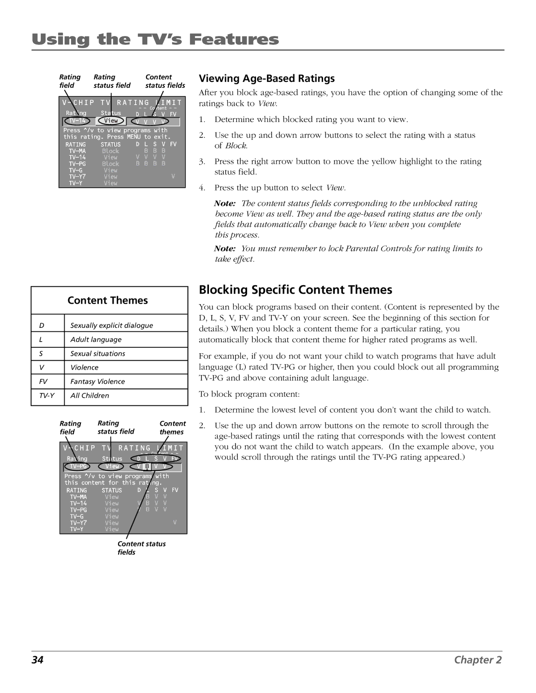 RCA F19422 manual Blocking Specific Content Themes, Viewing Age-Based Ratings 