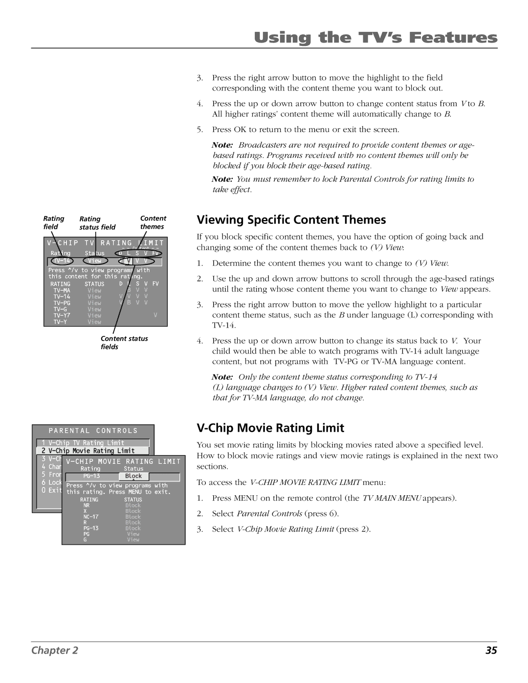 RCA F19422 manual Viewing Specific Content Themes, Chip Movie Rating Limit 