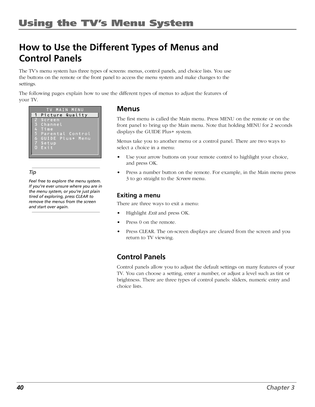 RCA F19422 manual How to Use the Different Types of Menus and Control Panels, Exiting a menu 