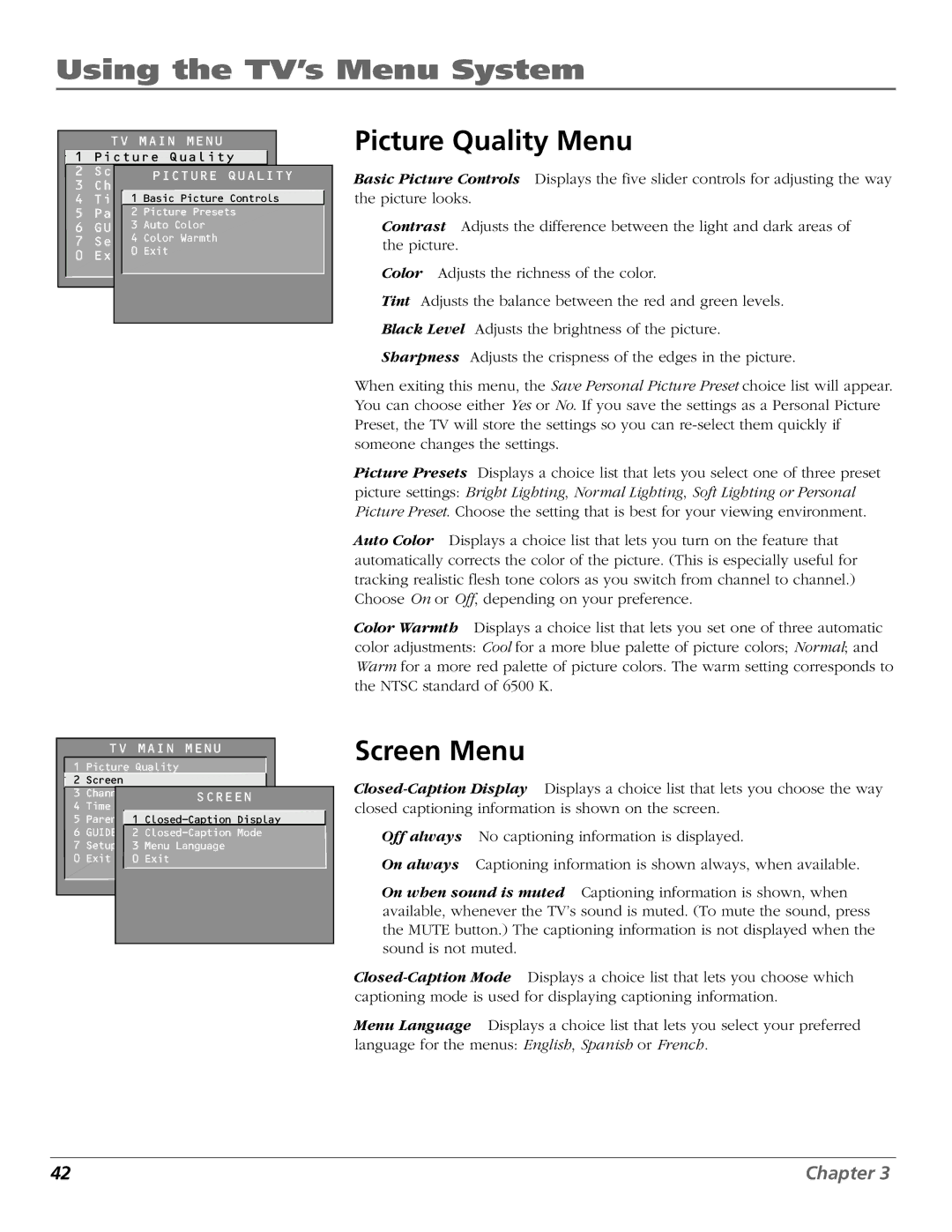 RCA F19422 manual Picture Quality Menu, Screen Menu 