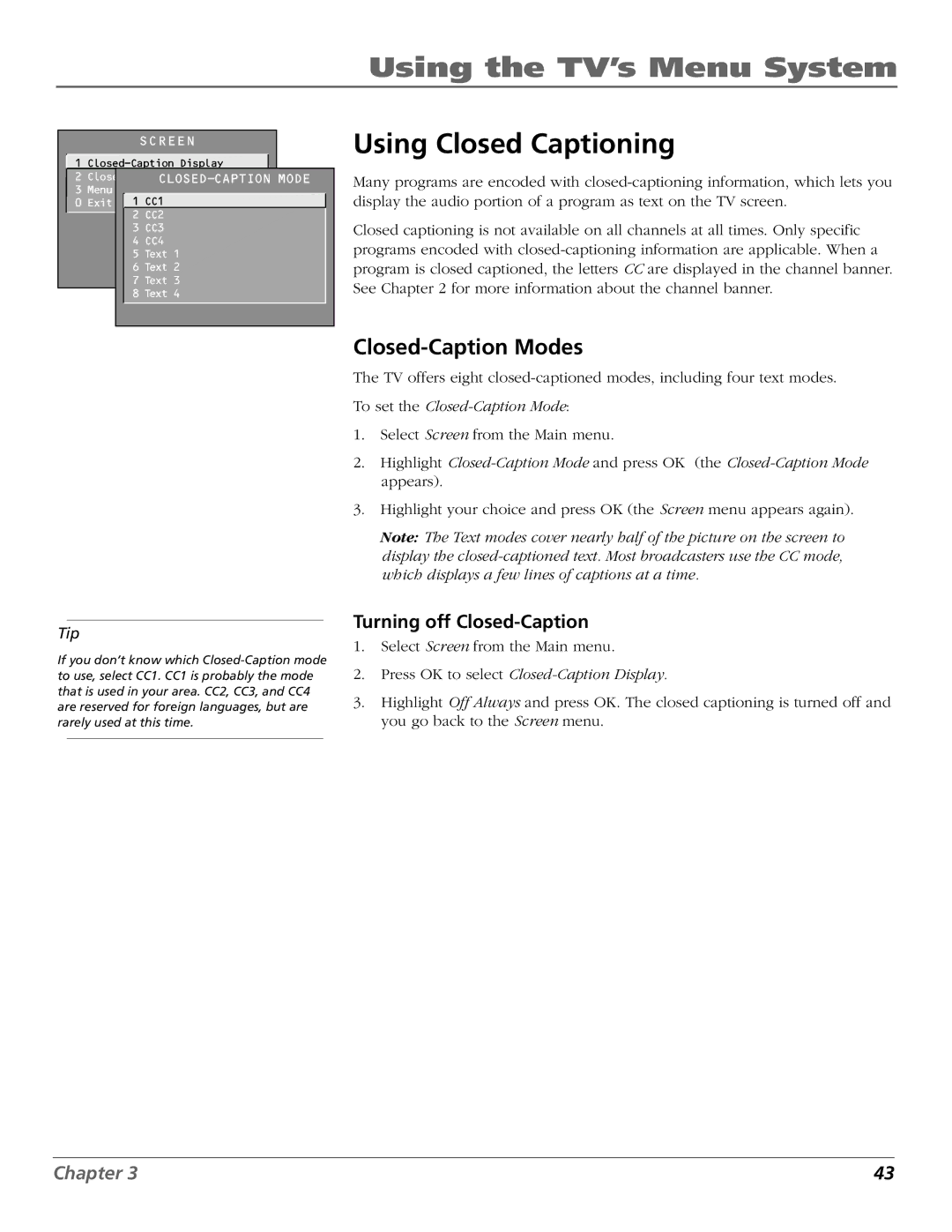 RCA F19422 manual Using Closed Captioning, Closed-Caption Modes, Turning off Closed-Caption 